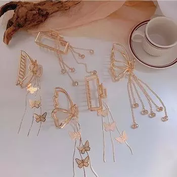 Винтажные металлические заколки-краб для волос в форме бабочки, нескользящие, элегантные, золотистые, геометрические, с кисточкой-бабочкой, аксессуары для волос для девочек