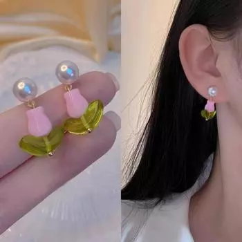 Винтажные милые розовые серьги-подвески с цветком розы для женщин, серьги с имитацией жемчуга и зеленого листа