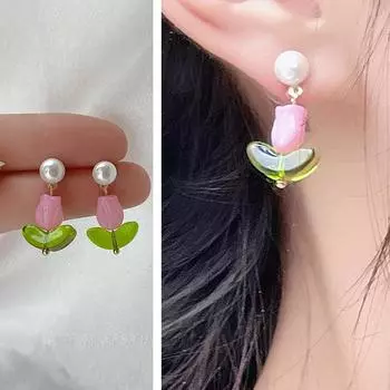 Винтажные милые розовые серьги-подвески с цветком розы для женщин, серьги с имитацией жемчуга и зеленого листа