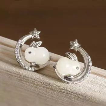 Винтажные мини-модные милые серьги в китайском стиле, серьги-гвоздики в виде кролика, луна золотой