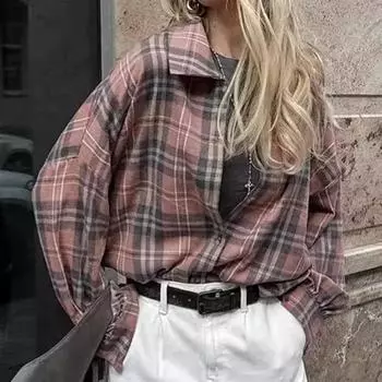 Винтажные модные свободные клетчатые рубашки женские с длинным рукавом поло с воротником хлопковые топы однобортные свободные блузки для поездок на работу повседневные базовые стили весна осень S