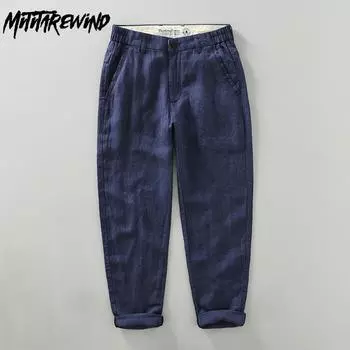 Японский стиль Винтаж Чистый льняные мужские брюки весна и лето повседневные дышащие повседневные брюки Nine однотонные зауженные брюки-карандаш простой стиль M синий