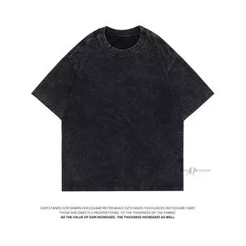 Винтажные мужские футболки из тяжелой ткани большого размера, лето 2023, повседневные мужские футболки с короткими рукавами и круглым вырезом, выстиранные кислотой футболки, топы S чёрный