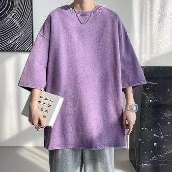 Винтажные мужские футболки из тяжелой ткани большого размера, лето 2023, повседневные мужские футболки с короткими рукавами и круглым вырезом, выстиранные кислотой футболки, топы S чёрный