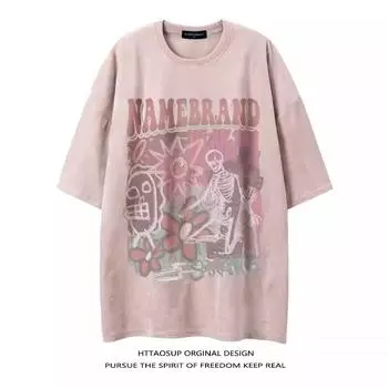 Винтажные мужские футболки из тяжелой ткани большого размера, летние повседневные мужские футболки с короткими рукавами и круглым вырезом, выстиранные кислотой футболки, топы M розовый