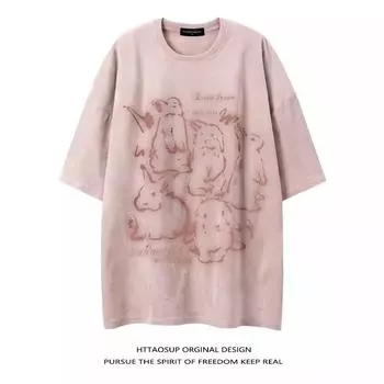 Винтажные мужские футболки из тяжелой ткани большого размера, летние повседневные мужские футболки с короткими рукавами и круглым вырезом, выстиранные кислотой футболки, топы M розовый