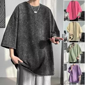 Винтажные мужские футболки из тяжелой ткани большого размера, лето 2023, повседневные мужские футболки с короткими рукавами и круглым вырезом, выстиранные кислотой футболки, топы S темно-серого