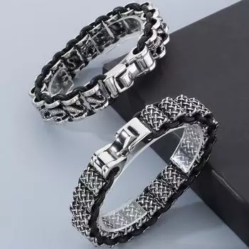 Винтажные мужские кожаные браслеты шириной 14 мм, вращающийся браслет из нержавеющей стали 316L с драконьим звеном, для мужчин, панк-рок, ювелирные изделия 22CM