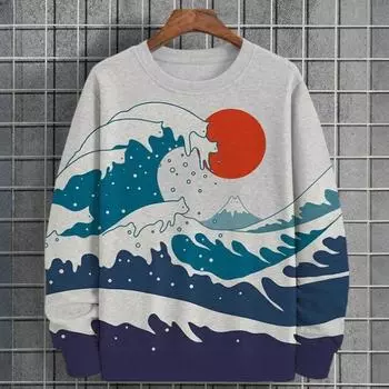 Винтажные мужские толстовки с 3D-принтом Ukiyo-E Sea Wave Hoodies Pullover Autumn Long Sleeve T-Shirt Sweatshirt Men Clothes S
