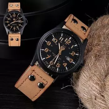 Винтажные мужские водонепроницаемые спортивные кварцевые часы с кожаным ремешком и датой KK