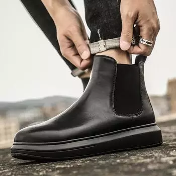Винтажные мужские зимние ботинки челси, высокие кожаные ботинки, осенние мужские высокие ботинки для ходьбы на платформе 38 чёрный