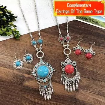 Винтажные национальные ожерелья с бирюзой, богемный универсальный темперамент, преувеличенный редкий бирюзовый кулон, комплект серег