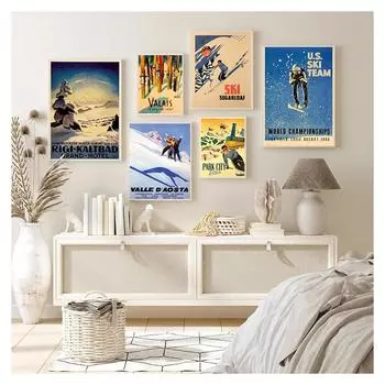 Винтажные настенные крафт-постеры с покрытием, настенные наклейки для украшения дома, фотографии в стиле ретро, лыжи в Альпах, Швейцария, холст, живопись, катание на лыжах 21x30cm No Frame