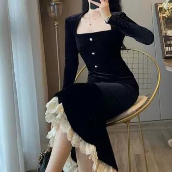 Винтажные облегающие бархатные вечерние платья русалки женские элегантные кружевные лоскутные вечерние платья для выпускного вечера женская осенне-зимняя одежда S чёрный