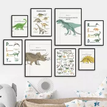 Винтажные образцы динозавров алфавит детский плакат скандинавский настенный рисунок холст картины картины детская комната декор для класса 21x30cm No Framed