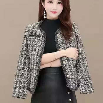 Винтажные однобортные клетчатые куртки с v-образным вырезом, женские весенне-осенние твидовые верхняя одежда больших размеров, корейская мода, повседневное пальто, уличная одежда M
