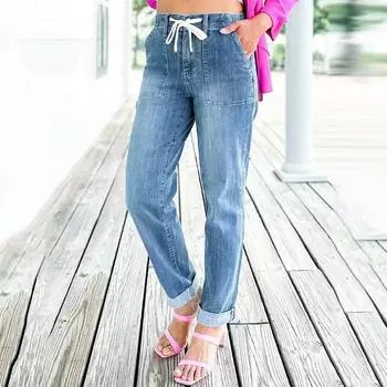 Винтажные однотонные джинсы больших размеров, женские повседневные модные уличные брюки с завязками, свободные джинсовые брюки, женские эластичные джинсы с высокой талией, женские 29449 XS чёрный