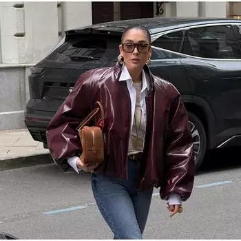 Винтажные однотонные куртки из искусственной кожи для женщин, повседневные свободные куртки с воротником-стойкой на молнии, пальто для женщин, весна-осень, роскошная уличная верхняя одежда S вино красного