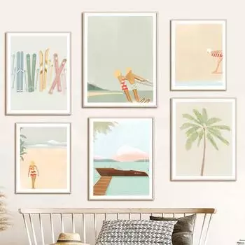 Винтажные пальмы, водные лыжи, Сан-Франциско, туристические постеры и принты, настенная живопись на холсте, настенные панно для декора гостиной A4 21X30cm No Framed