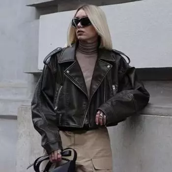 Винтажные пальто из искусственной кожи с воротником-лацканом и поясом, ветровки, укороченные куртки Y2k Retro для женщин/мужчин S чёрный