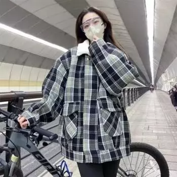 Винтажные пальто в американском стиле, женская весенне-осенняя клетчатая куртка, свободная повседневная хлопковая одежда из овечьей шерсти M