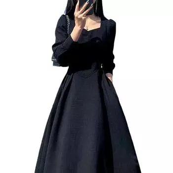 Винтажные платья макси-миди французского дизайна для женщин, одежда для вечеринки, элегантное черное длинное платье с квадратным вырезом, корейская мода, осень XL чёрный