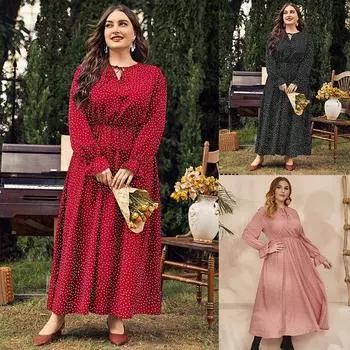 Винтажные платья с длинными рукавами, платье больших размеров с круглым вырезом для женщин, модное платье большого размера в горошек, элегантное обтягивающее платье, модные макси-платья XL чёрный