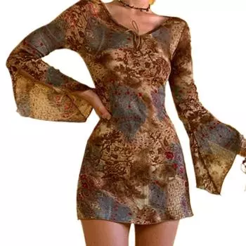 Винтажные платья с принтом, женское платье-футляр с завязками для взрослых, винтажная короткая юбка с расклешенными рукавами и v-образным вырезом с разрезом для взрослых M