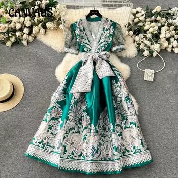Винтажные платья в стиле суда, женские платья с принтом, на бретелях, с приталенной талией, длинные, с рукавами-фонариками, темпераментное платье S зелёный