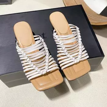 Винтажные плетеные полые шлепанцы женские летние новые толстые каблуки квадратный носок открытый носок полузатянутые крутые 34 абрикосовый
