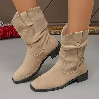 Винтажные плиссированные ковбойские сапоги для женщин, остроносые ботильоны на квадратном каблуке, женские короткие ботильоны из флока на среднем каблуке, женские 35 чёрный