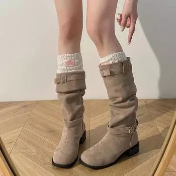 Винтажные плиссированные женские сапоги до колена, модные туфли с пряжкой на ремне, осень-зима, на низком каблуке, женские длинные сапоги в стиле рыцаря 35
