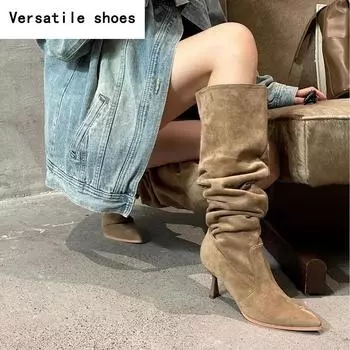 Винтажные плиссированные женские сапоги до колена, модные туфли с острым носком на высоком каблуке, осенне-зимние женские сексуальные длинные ботинки De Mujer 35