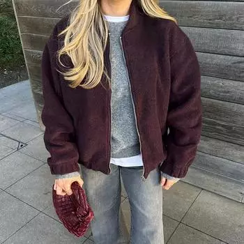 Винтажные плюшевые куртки-бомберы на молнии, женские свободные пальто с воротником-стойкой и карманами, весенние повседневные универсальные куртки с длинным рукавом S вино красного