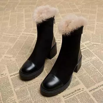 Винтажные плюшевые женские ботильоны, модные элегантные туфли на молнии, осенне-зимние туфли на квадратном каблуке, теплые короткие ботильоны 35