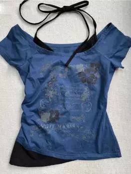 Винтажные поддельные футболки из двух частей с бретелькой через шею на шнуровке Y2k Slim Fit с принтом, женские футболки с коротким рукавом и открытыми плечами S синий