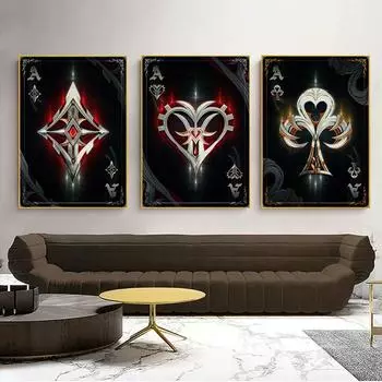 Винтажные покерные карты, туз, меч, сердце, холст, картина, игра, настенная художественная картина, принт для гостиной, домашний декор, Cuadros 21x30cm No Frame