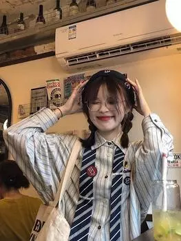 Винтажные полосатые рубашки с галстуком для женщин, брошь в стиле Харадзюку, свободные блузки с длинным рукавом, уличная одежда, корейский стиль, опрятный принт, свободные повседневные топы S синий