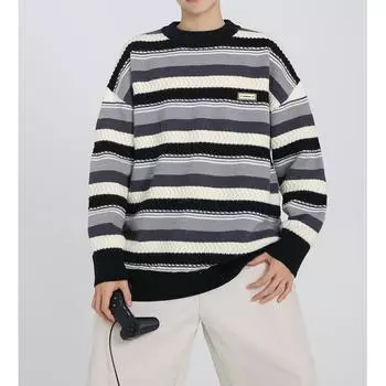 Винтажные полосатые свитера унисекс, осень-зима, большие повседневные вязаные пуловеры, трикотажные джемперы в стиле хип-хоп, топы M чёрный