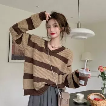 Винтажные полосатые свободные вязаные джемперы осень-зима повседневная женская одежда с V-образным вырезом корейская мода сшитые свитера с длинным рукавом S коричневый
