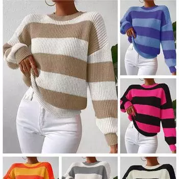 Винтажные полосатые вязаные свитера для женщин осень-зима повседневные длинные рукава круглый вырез пуловер джемпер топы уличный трикотаж S чёрный