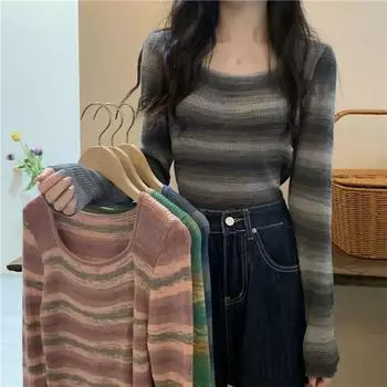 Винтажные полосатые вязаные топы, женские облегающие рубашки с квадратным воротником, футболки с контрастными длинными рукавами в стиле Харадзюку, женские футболки S серый