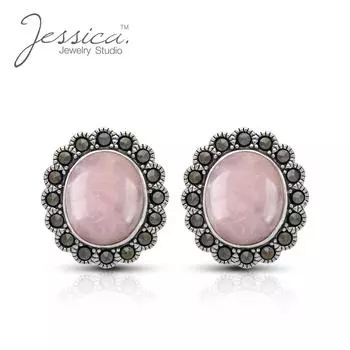 Винтажные полудрагоценные серьги-гвоздики Halo из стерлингового серебра 925 пробы с натуральным розовым кварцем и марказитом