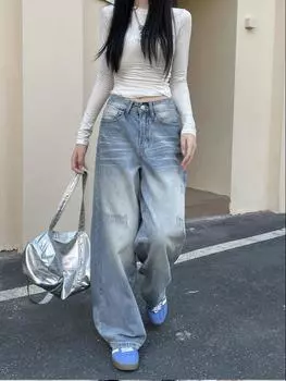 Винтажные потертые белые широкие джинсы с царапинами, женские, 2025, новые элегантные свободные брюки больших размеров с высокой талией, повседневные брюки-швабры в американском стиле S светло-синий
