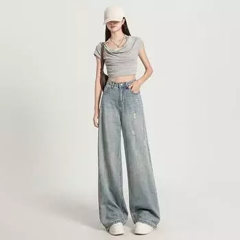 Винтажные потертые широкие джинсы для женщин, прямые джинсовые брюки с высокой талией, весенне-летние свободные брюки, уличная одежда S