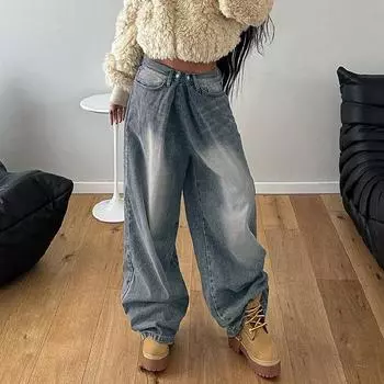 Винтажные потертые свободные прямые женские джинсы для похудения S синий