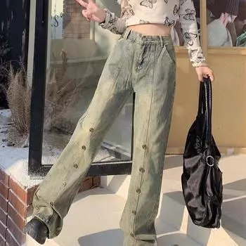 Винтажные повседневные брюки с высокой талией, прямые джинсы в уличном стиле, женские широкие мешковатые брюки Y2K, джинсовые брюки High Street S