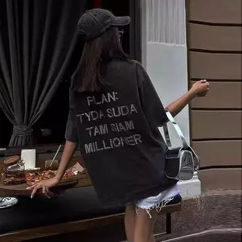 Винтажные повседневные хлопковые футболки со стразами, женские летние рубашки с коротким рукавом и буквенным принтом, универсальные уличные топы S промывают черный