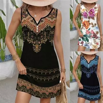 Винтажные повседневные платья с цветочным принтом, женское модное платье без рукавов с v-образным вырезом и пуговицами XL синий