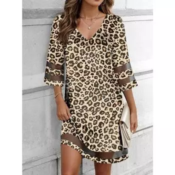 Винтажные повседневные платья с леопардовым принтом, женское модное сетчатое лоскутное платье с v-образным вырезом XL